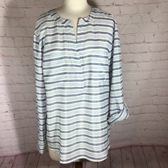 Ann Taylor Tops - Ann Taylor Blue and White Stripe Long Sleeve V-Neck Top - Size Medium